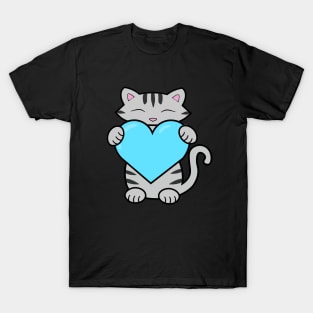 Grey cat holding a blue heart T-Shirt